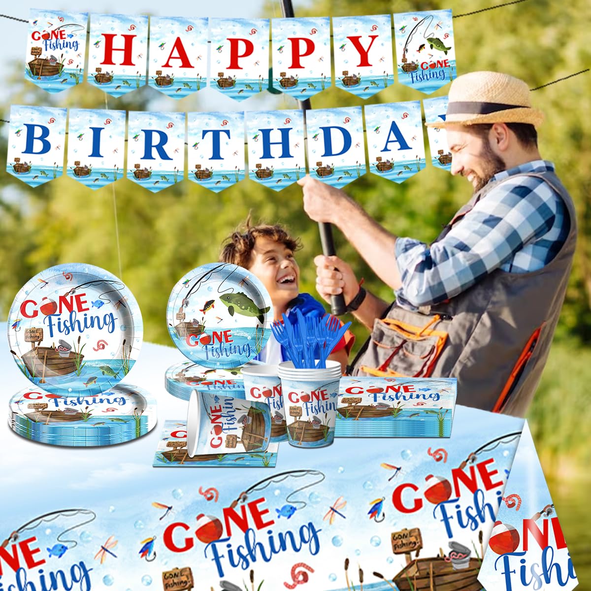 142 Pcs Gone Fishing Tableware,Fishing Birthday Party Decoration Little Fisherman Gone Fishing Themed Disposable Tablecloth,Plates,Napkins Cups Forks