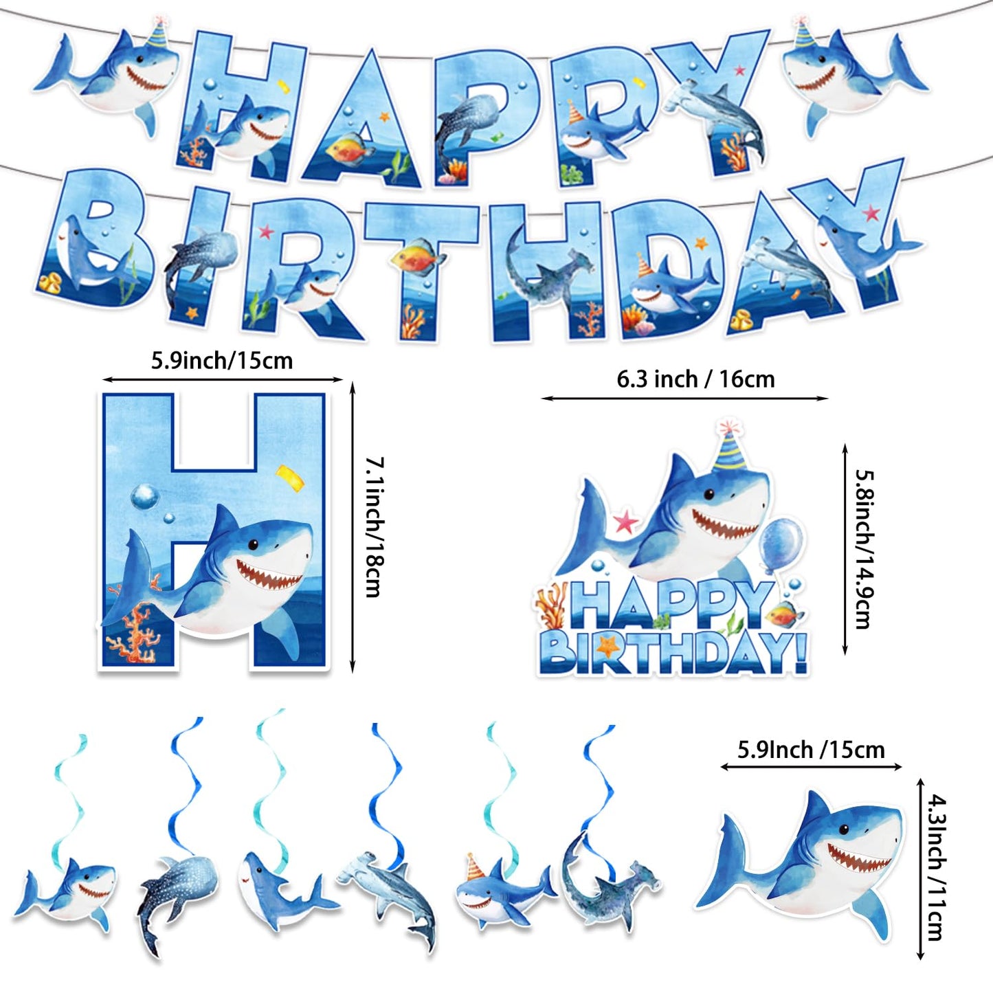 Diosnase Shark Birthday Party Decorations, Shark Party Supplies for 20 Guests with Banner, Hanging Swirls, Tablecloths, Plates, Napkins, Cups, Forks