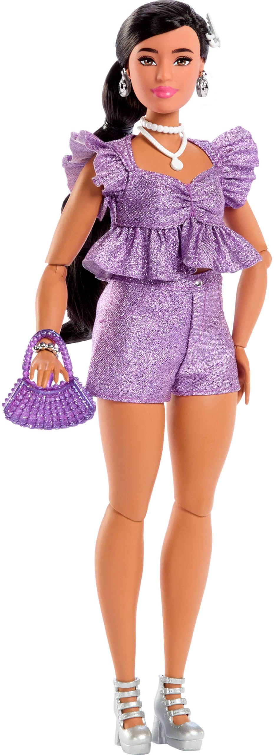 Barbie Deluxe Style Doll #8 in Metallic Purple Top and Sparkly Shorts, Black Hair in Braid, Accessories Like Pearly Jewelry and Handbag