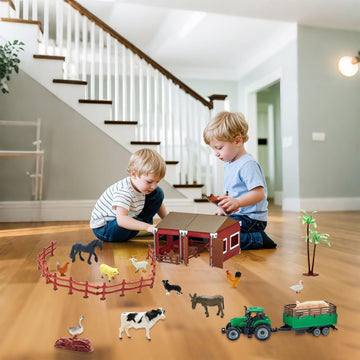 Mini Toy Barn Farm Toys Playset, 66PCS Plastic Farm Animals Figurines and Fence Farm Playset, Farm Figures Farmer Vehicle Toy Truck with Trailer