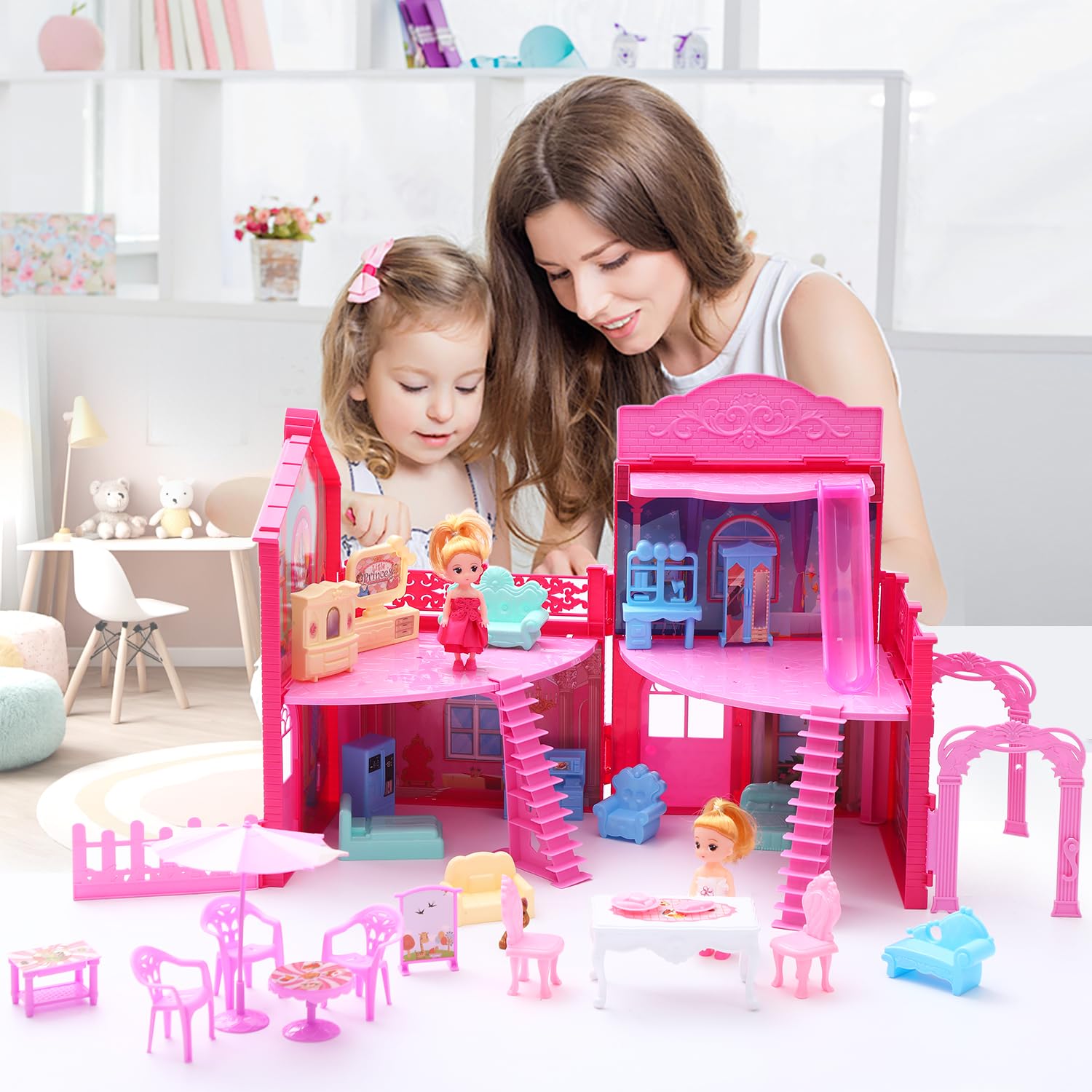BRAITEN Doll House, with 4 Rooms, 2 Dolls, Toy Furniture Accessories, Pet Play Area?Slide Dollhouse Dlayset, Dollapsible Portable Playhouse