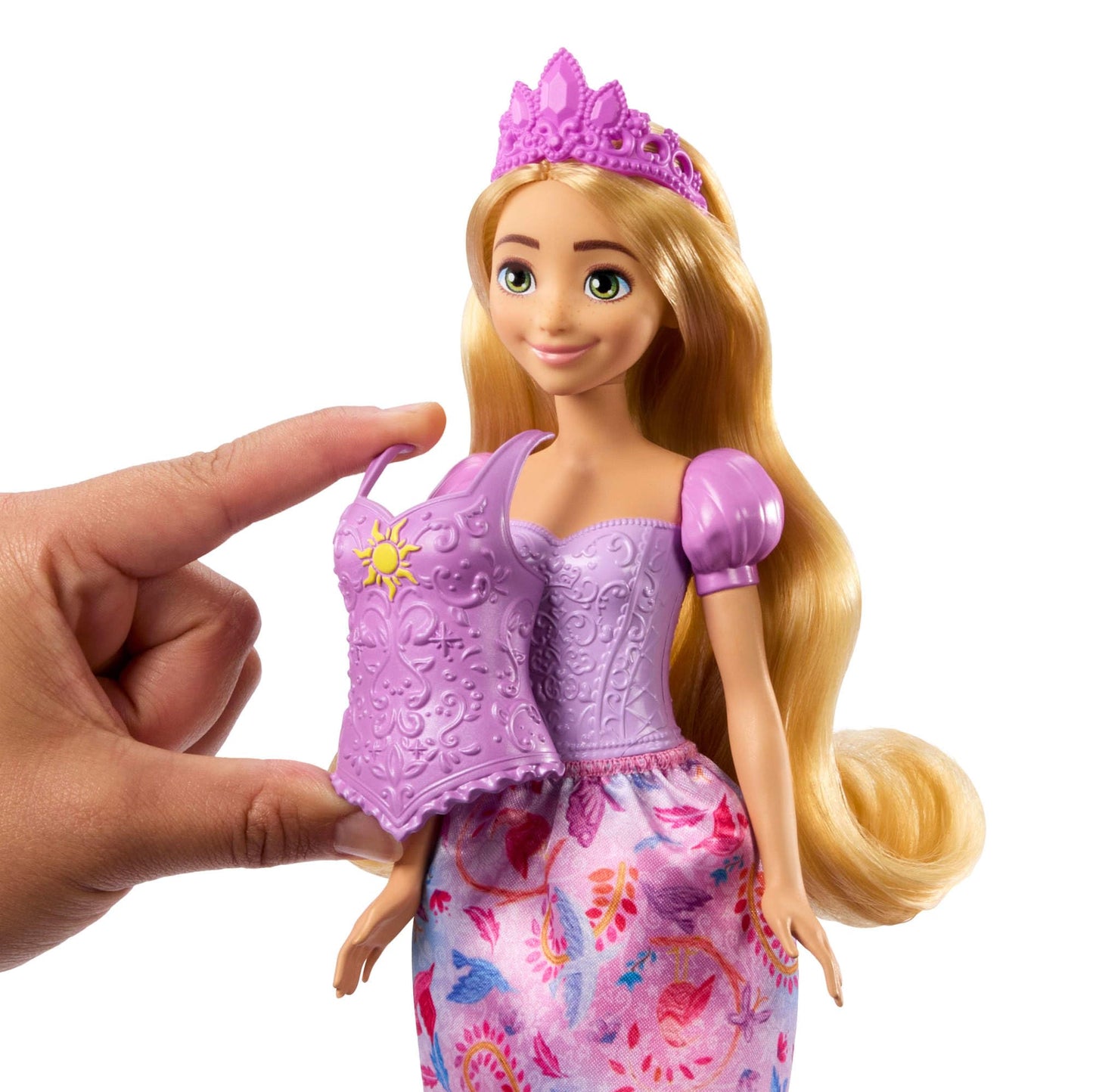 Mattel Disney Princess Toys, Rapunzel Fashion Doll with 2 Looks, 9 Accessories, 2 Snap-On Bodices & 2 Skirts, 2-in-1 Stories Inspired by Disney