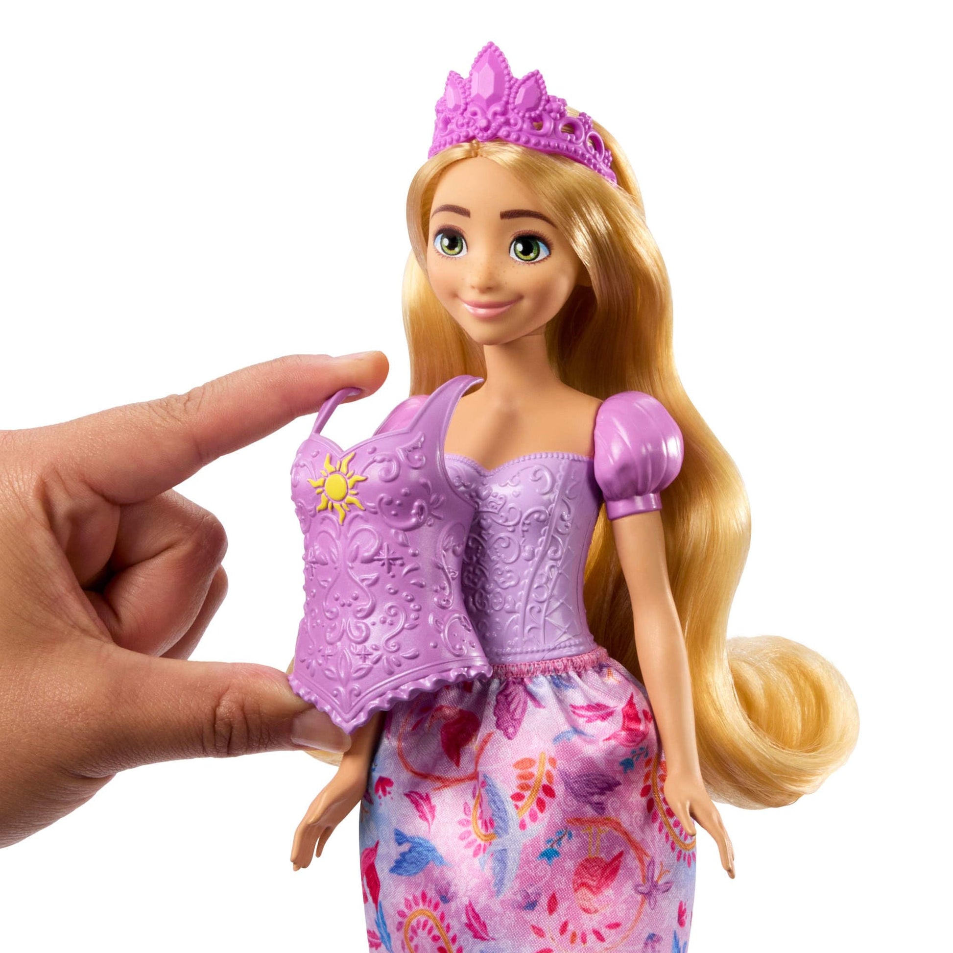 Mattel Disney Princess Toys, Rapunzel Fashion Doll with 2 Looks, 9 Accessories, 2 Snap-On Bodices & 2 Skirts, 2-in-1 Stories Inspired by Disney