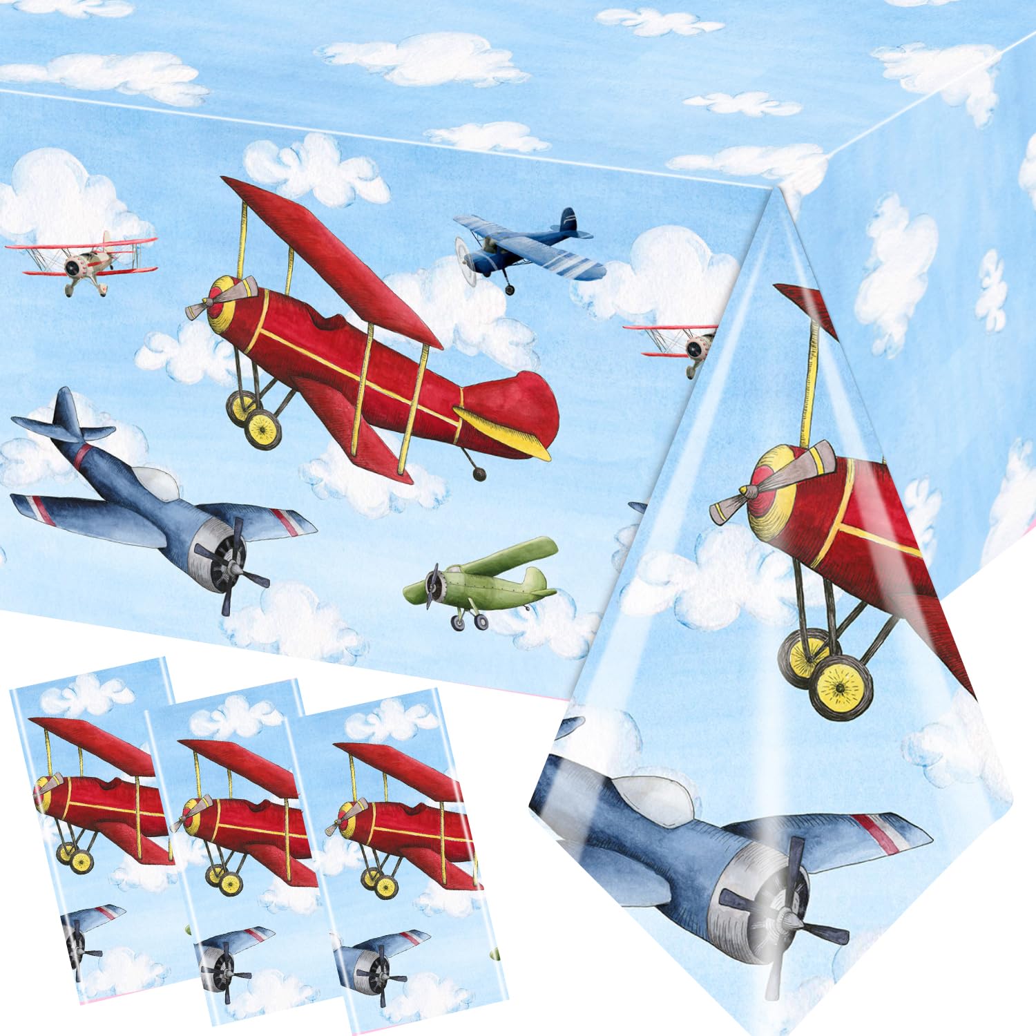 GREHUMOR 3pcs Airplane Party Decorations Airplane Party Tablecloth Supplies Disposable Plastic Helicopter Blue Sky White Theme Table Cover for Kids