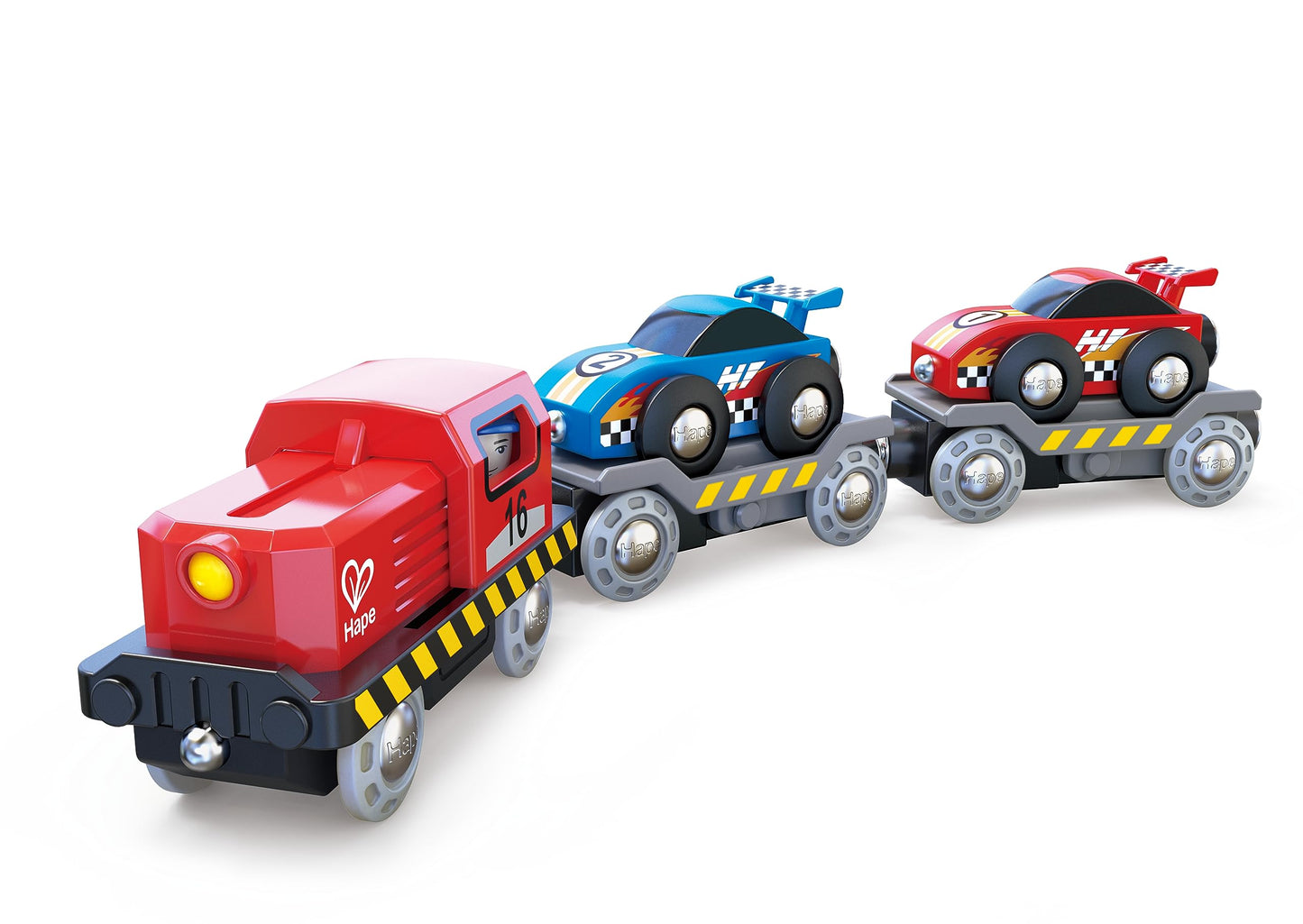 Hape Race Car Transporter | Six-Piece Wooden Toy Train Car Transport Set for Kids