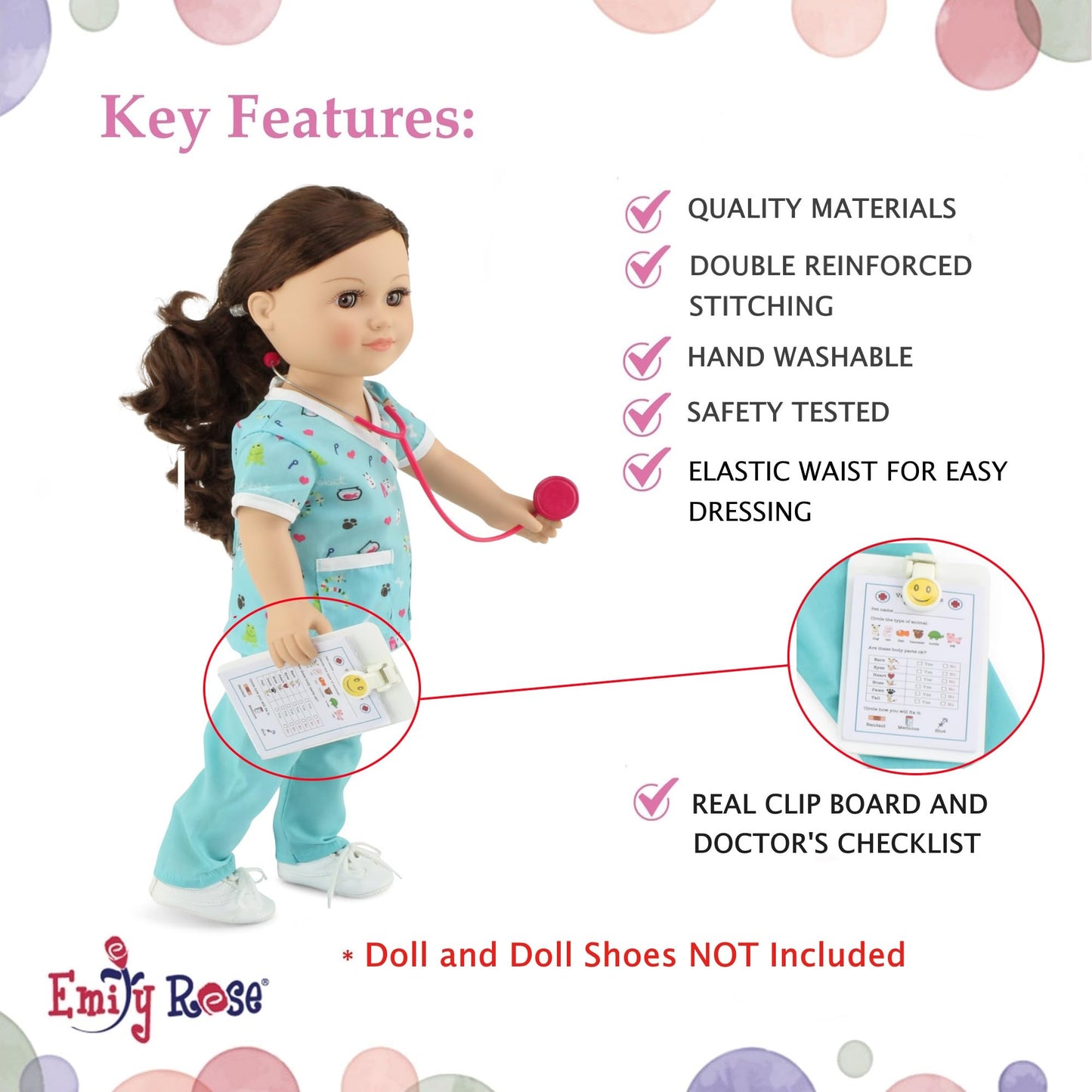 Emily Rose 18 Inch Doll Clothes 10-PC Doctor Vet Nurse Scrubs & Accessories 18" Doll Gift Playset, Including Stethoscope, Puppy, Collar and Leash