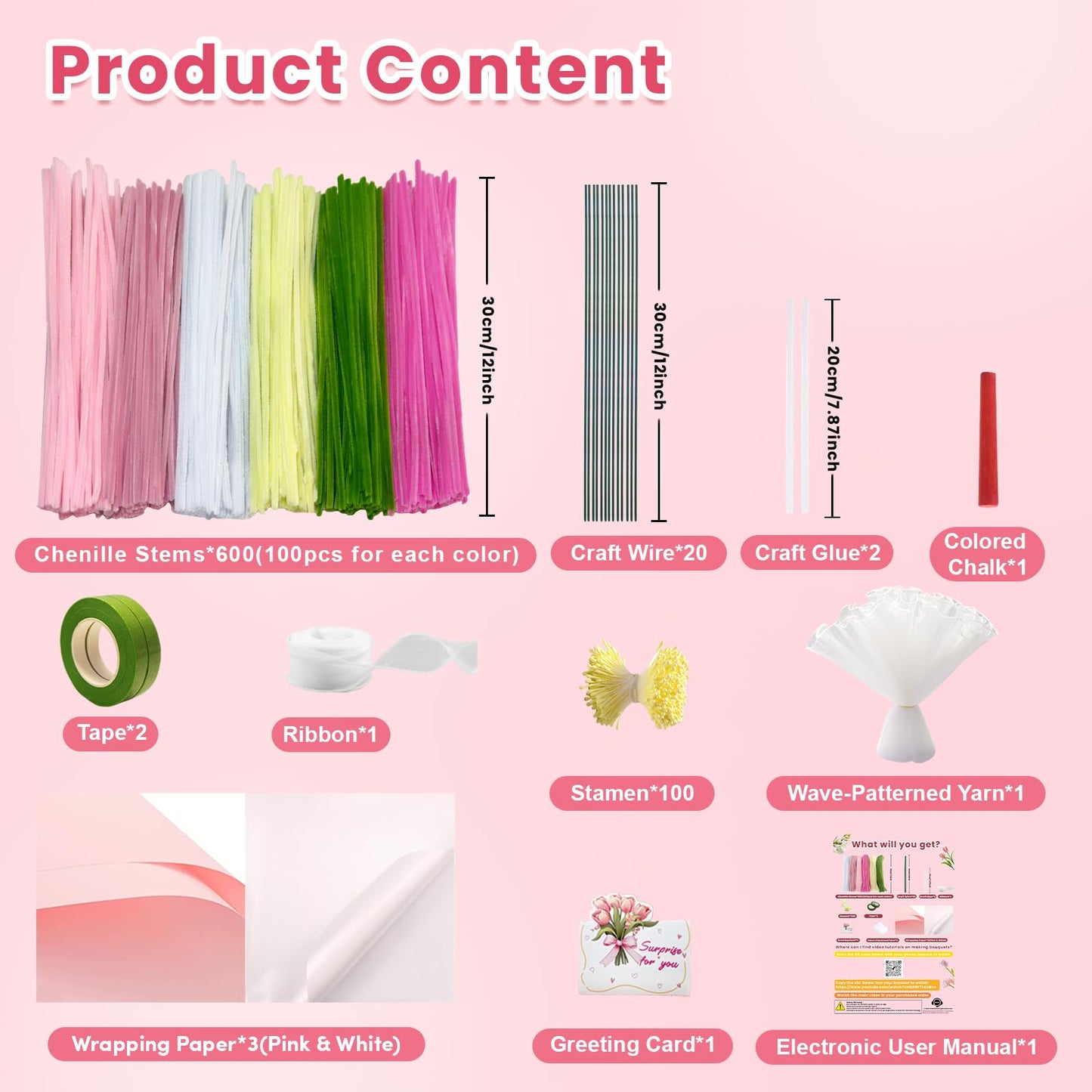 600 PCS Pipe Cleaners Craft, 6 Colors Pipe Cleaner Bulk Flower Kit, Chenille Stems Bulk with Floral Wires, Gardening Tape, Stamen, Wrapping Paper