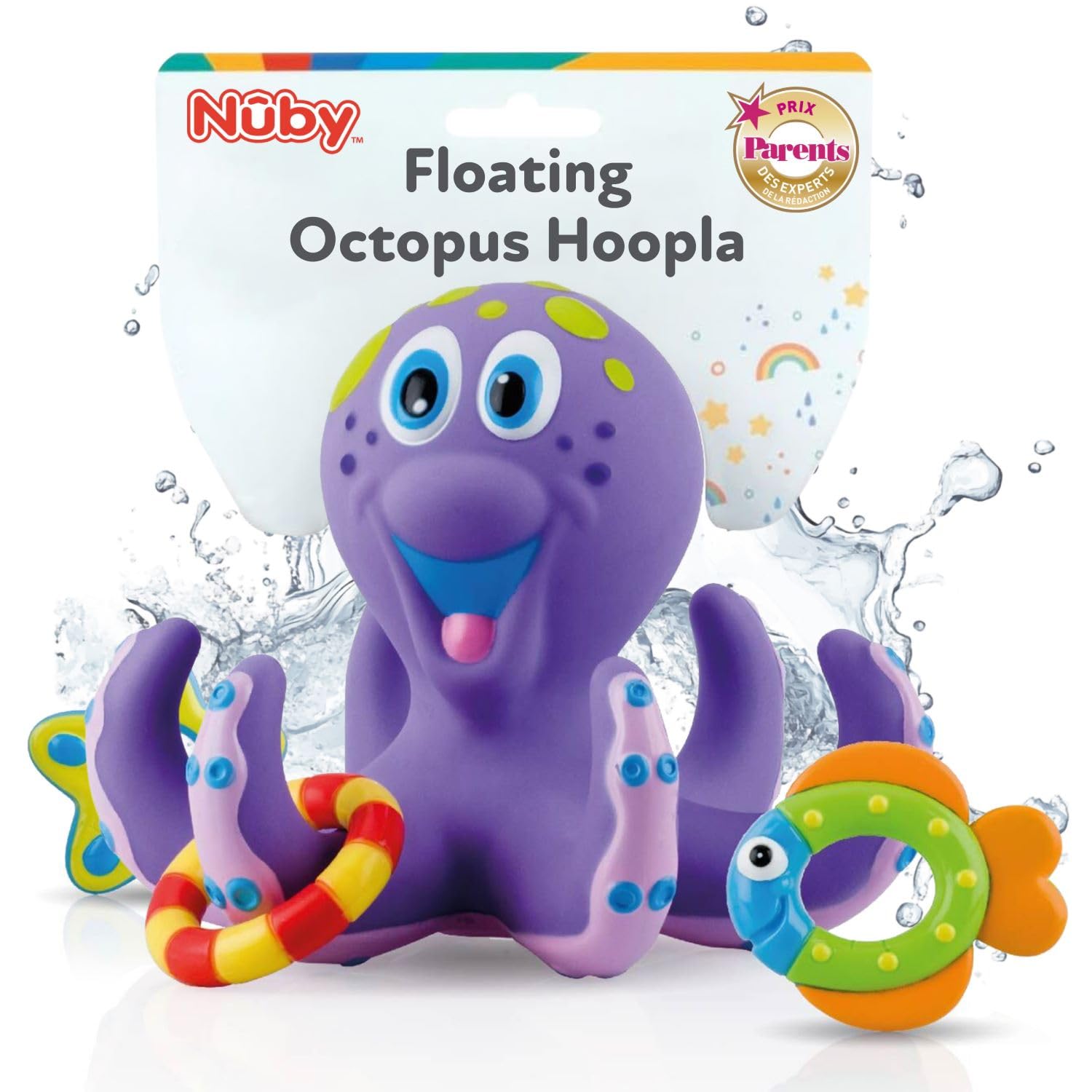 Nuby Floating Octopus with 3 Hoopla Rings - Baby & Toddler Bath Toy - No Hole Design Keeps Moisture Out - Fine Motor Skills - 18+ Months - Great Baby
