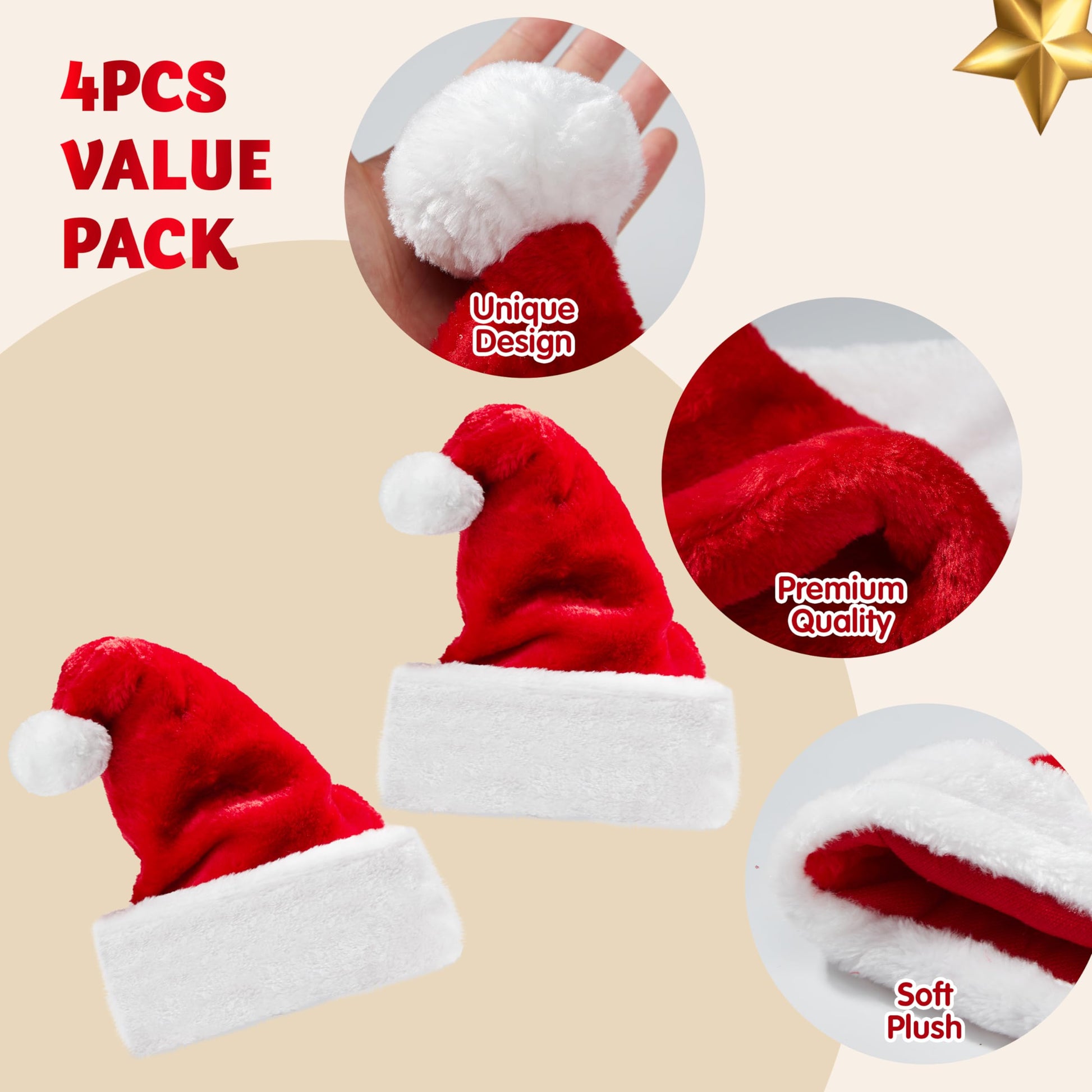 JOYIN 4 PCS Christmas Santa Hats Plush Red Velvet Christmas Hats for Holiday Party Presents Supplies XMAS for Adults and Kids