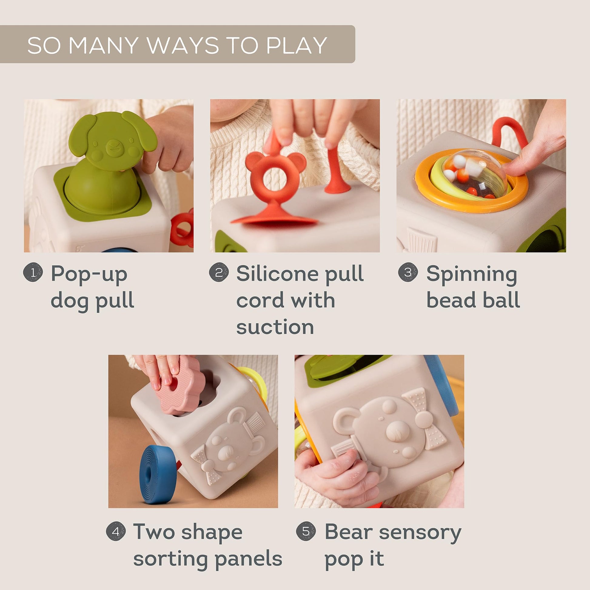 Taf Toys Busy Cube Toy Silicone Activity Cube for Baby 6 Months & Up Pop-It, Shape-Sorting, Sensory Exploration Spinning Bead Ball Develop Motor