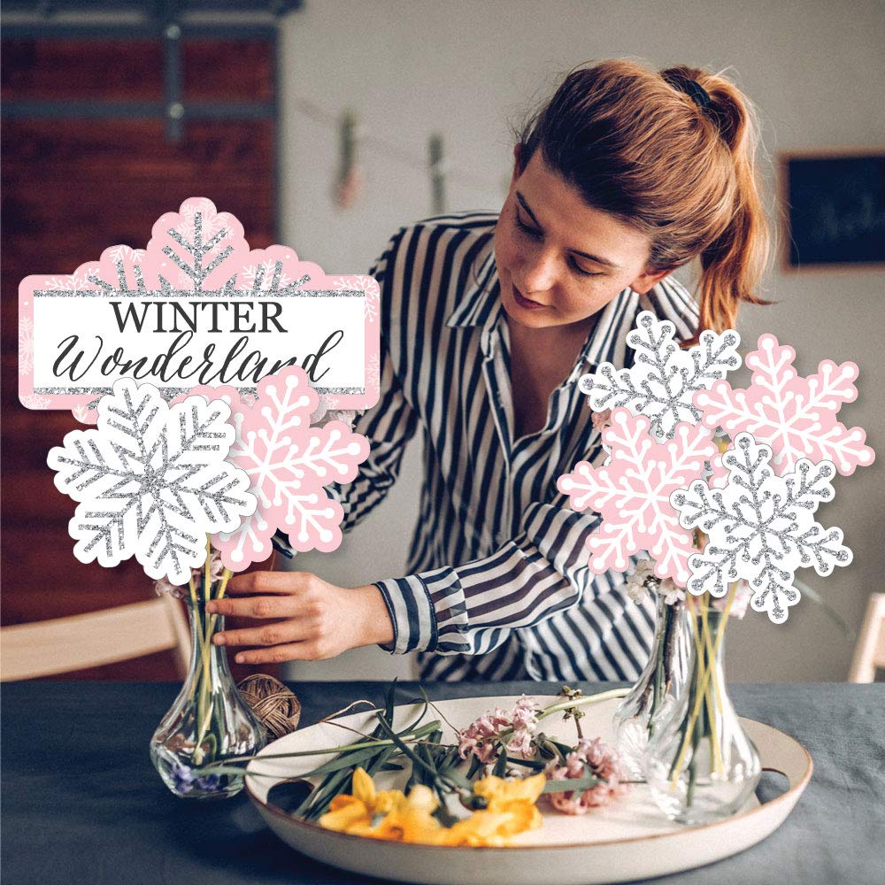 Big Dot of Happiness Pink Winter Wonderland - Holiday Snowflake Birthday Party and Baby Shower Centerpiece Sticks - Showstopper Table Toppers - 35