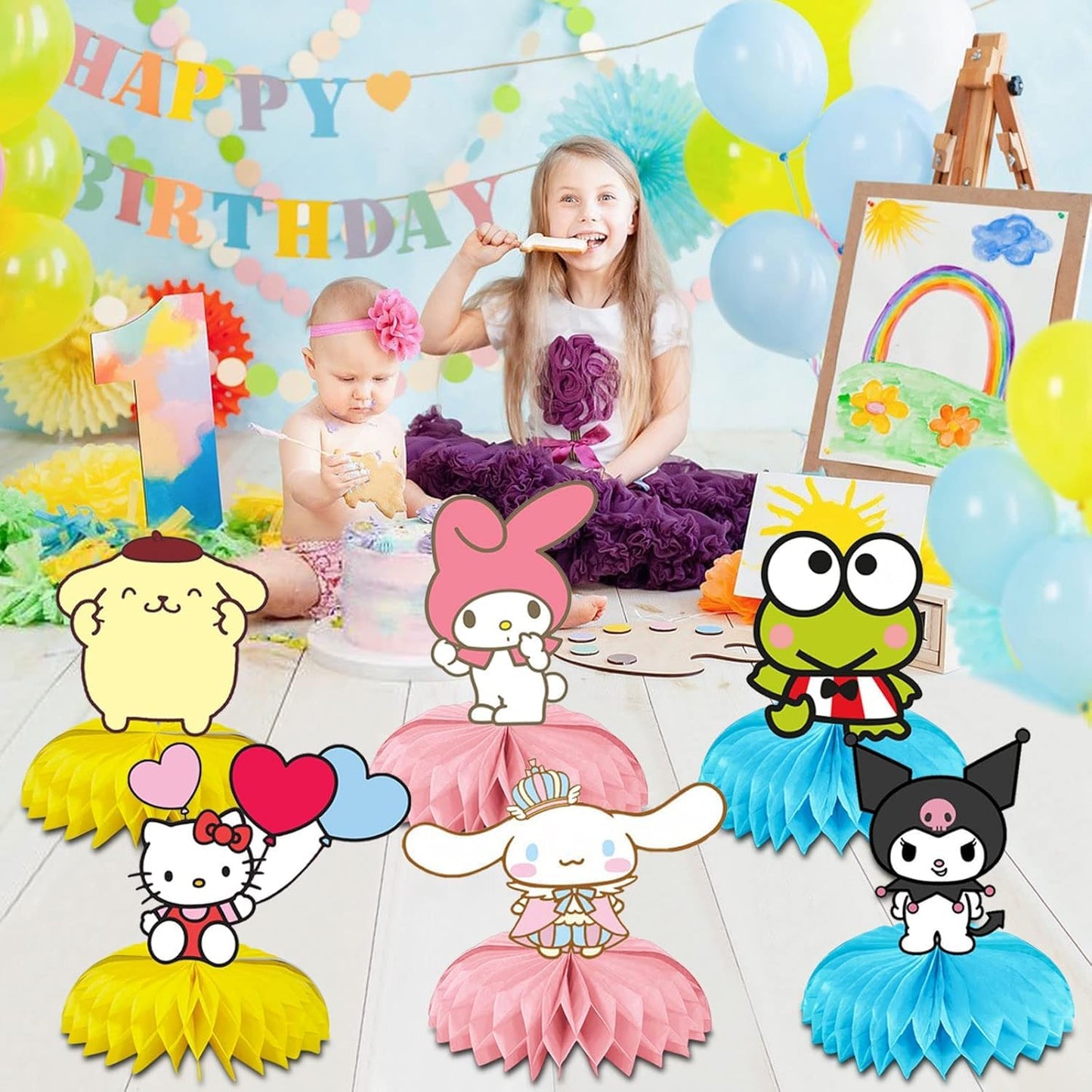 6Pcs Kitty Theme Party Table Centerpieces, Kawaii Honeycomb Decorations, Double-Sided Cat Table Toppers for Girls Birthday Party, Photo Booth Props