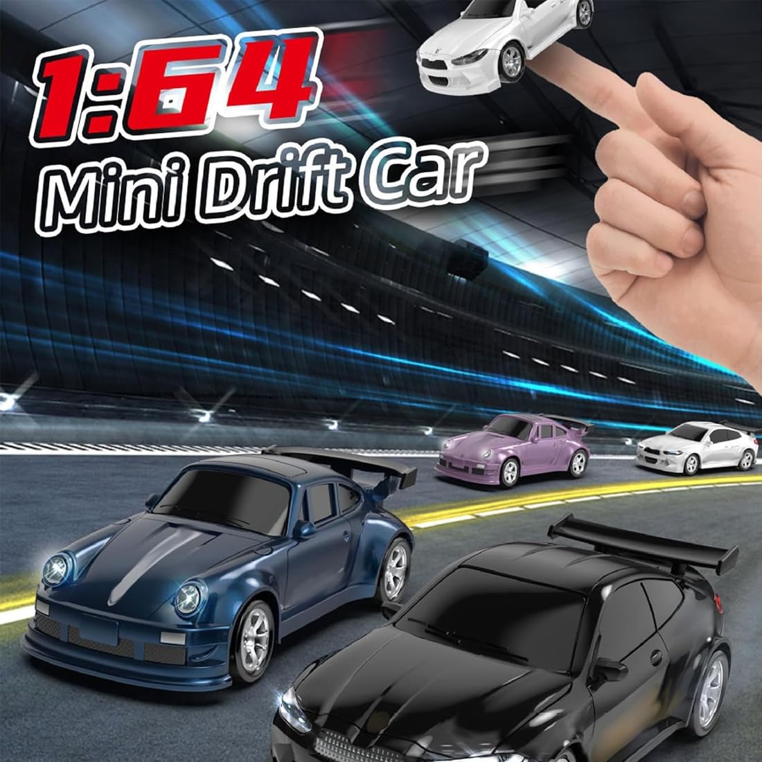 ROUASD Mini Desktop RC Drift Car, 1:64 Scale 4WD High-Speed 2.4Ghz Remote Control Racing Sports Car with LED Lights for Adults Hobbyists