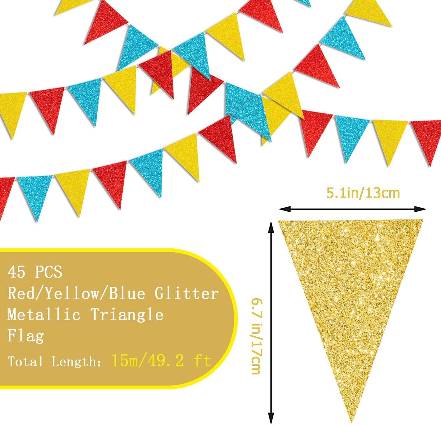45 Pieces Colorful Pennant Flags - 49ft Carnival Theme Party Garland Banner Yellow Blue Red Glitter Paper Pennant Triangle Bunting Flag for Baby
