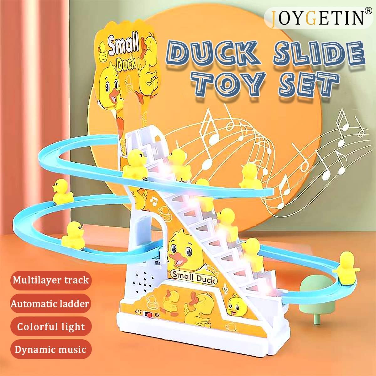 JOYGETIN Small Ducks Climbing Toys,Electric Duck Climbing Stairs Tracks Slide Toy Set,Duck Roller Coaster Toy with Flashing Lights & Music On/Off
