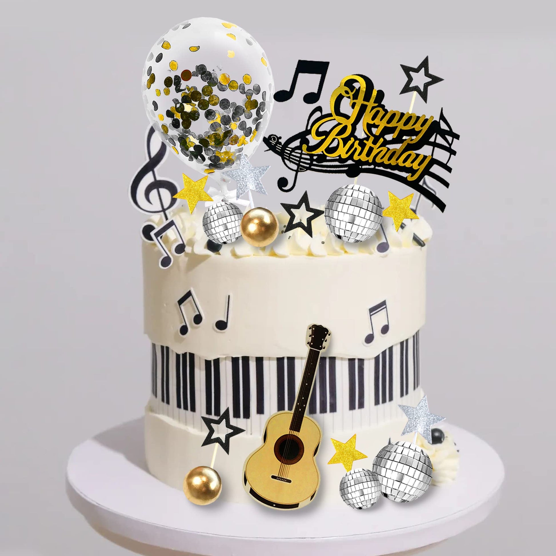 31 PCS Guitar Cake Toppers Music Notes Balls Cake Decorations for Musician Rock Theme Birthday Supplies (Black)