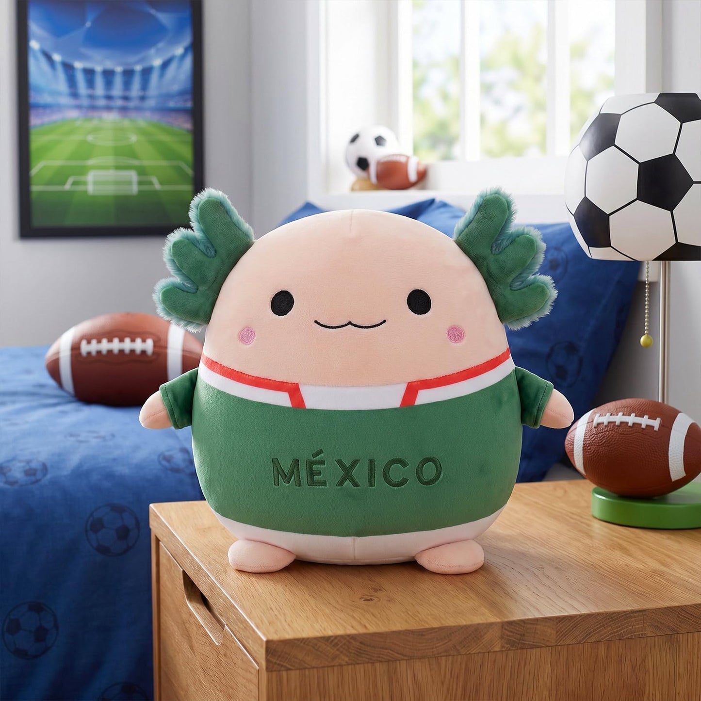 Qodwnep Mexico Axolotl Plush Pillow, Cute Axolotl Stuffed Animal Plush with Soccer Jersey, Soft Salamander Plushies Cushion for Fans, Room Decor Gifts