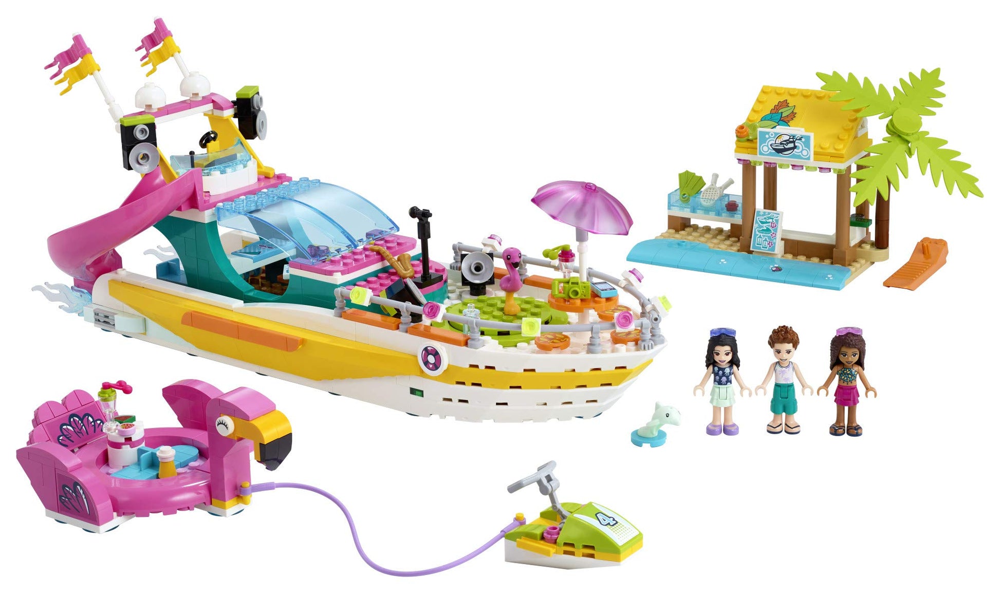 LEGO Friends Party Boat 41433 Including LEGO Friends Emma, Andrea and Ethan Mini-Doll Figures, Beach Store and Flamingo Party Boat, Great Summer Toy