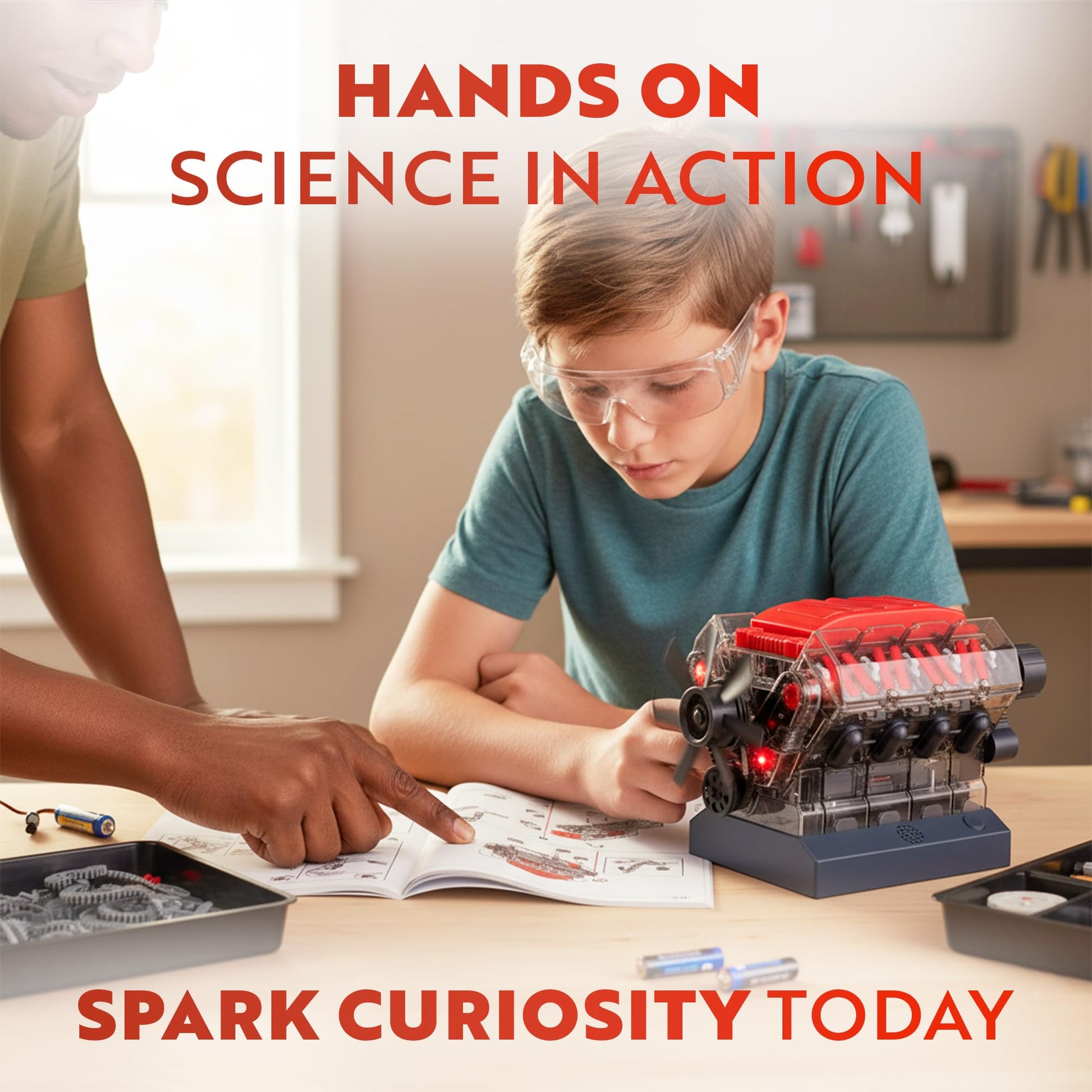Playz V8 Combustion Engine Model Kit that Runs - Build Your Own STEM Mini V8 Model Engine Kit for Adults & Kids Age 12+, Visible V8 Mini Engine Kit