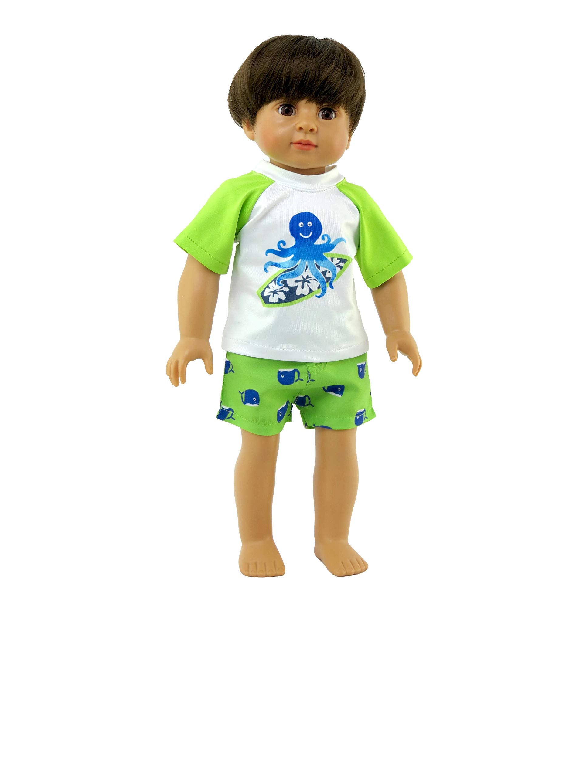 American Fashion World Boy’s Surfing Octopus Rash Guard and Swim Trunks Set for 18-Inch Dolls | Premium Quality & Trendy Design | Dolls Clothes |