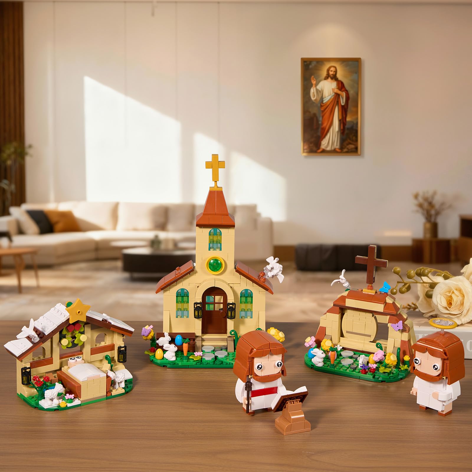 Jesus 3 in 1 Building Block Toy Set Compatible with Lego, Easter Nativity Scene Church Missionary and Resurrection, Religious Cross Jesus Figure
