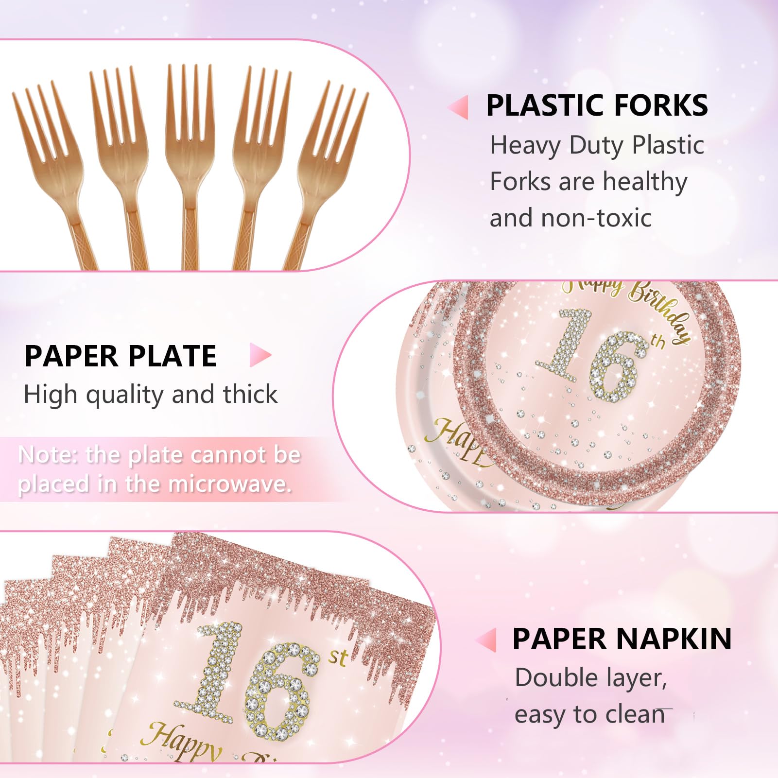 96 PCS Sweet 16 Party Decorations Rose Gold 16th Birthday Decorations for Girls16th Birthday Party Plates and Napkins Sweet Sixteen Birthday Party