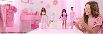 Barbie Deluxe Style Doll #10 in Pink Denim Top and Skirt Set with Bow Print, Black Hair, Behind-the-Ear Hearing Aids and Accessories Like Handbag