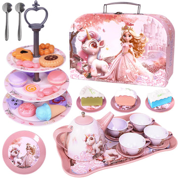 Unicorn Tea Party Set for Girls, Pretend Play Toy with Pink Tin Teapot, 4 Cups & Plates, Portable Carrying Case, Educational Gift for Toddlers Ages 3