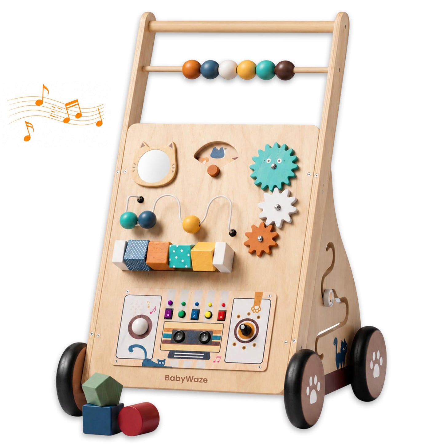 Babywaze Baby Walker with Wheels - Adjustable Speed Wooden Push Walker for Babies 9-18 Months, 3in1 Montessori Sit to Stand Learning Toy with Musical