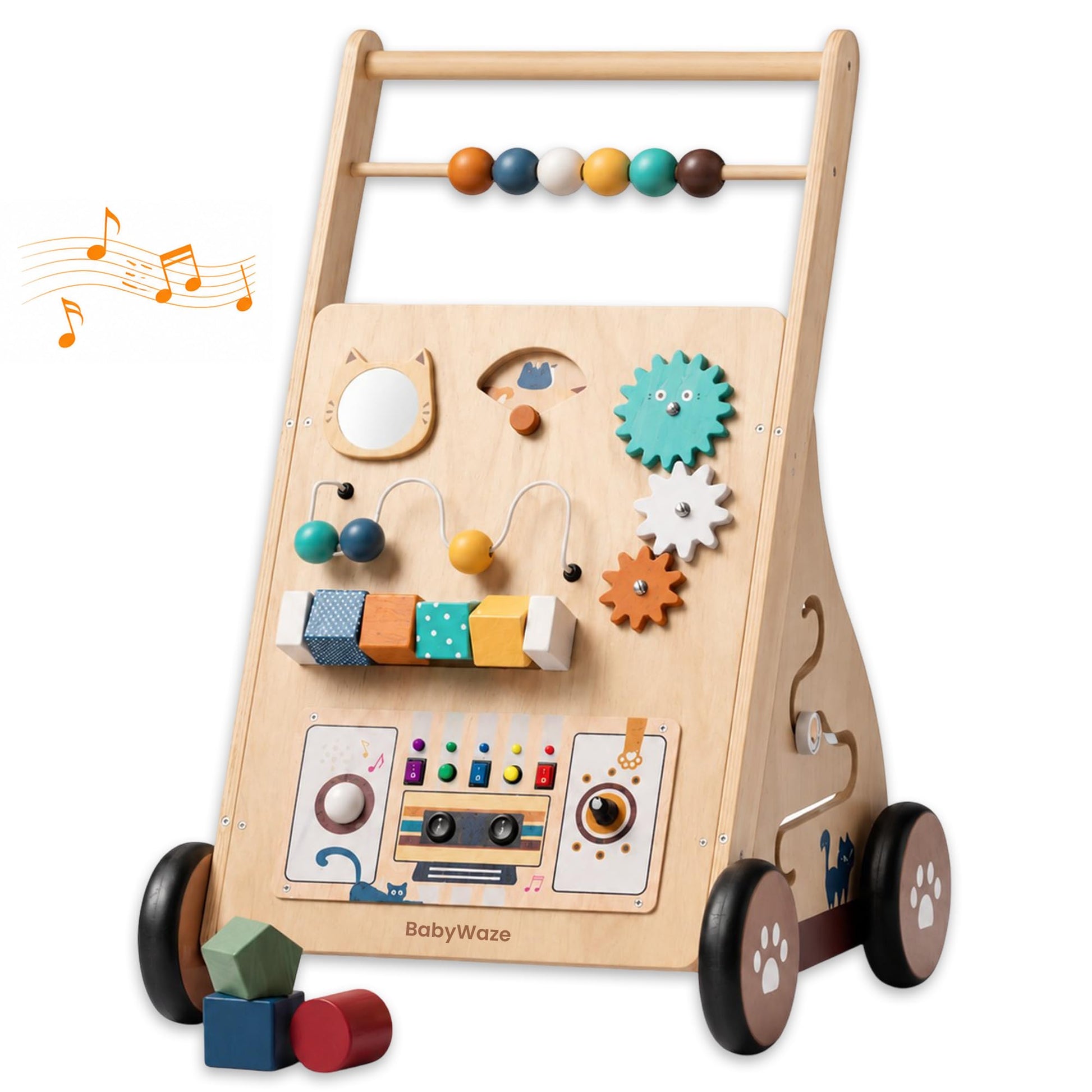 Babywaze Baby Walker with Wheels - Adjustable Speed Wooden Push Walker for Babies 9-18 Months, 3in1 Montessori Sit to Stand Learning Toy with Musical