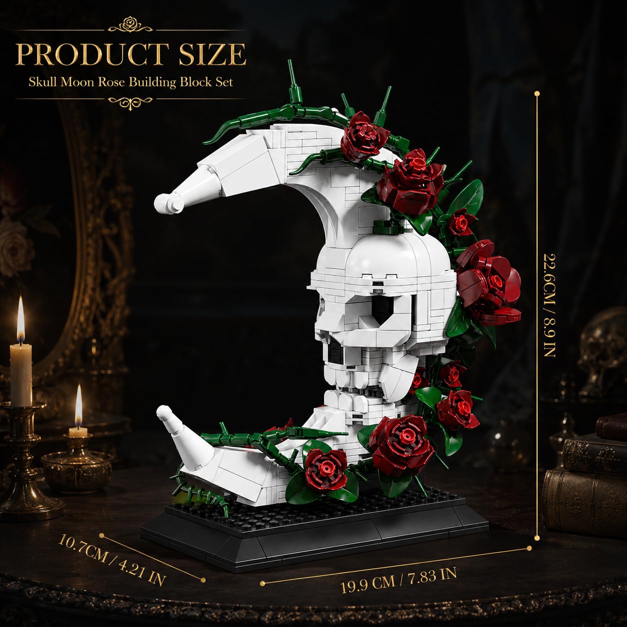 JYLWSMHU Skull Moon Rose Building Block Set Gothic Skeleton Head with Red Flowers Goth Horror Skeleton Pot Home Table Decor for Adults 606PCS