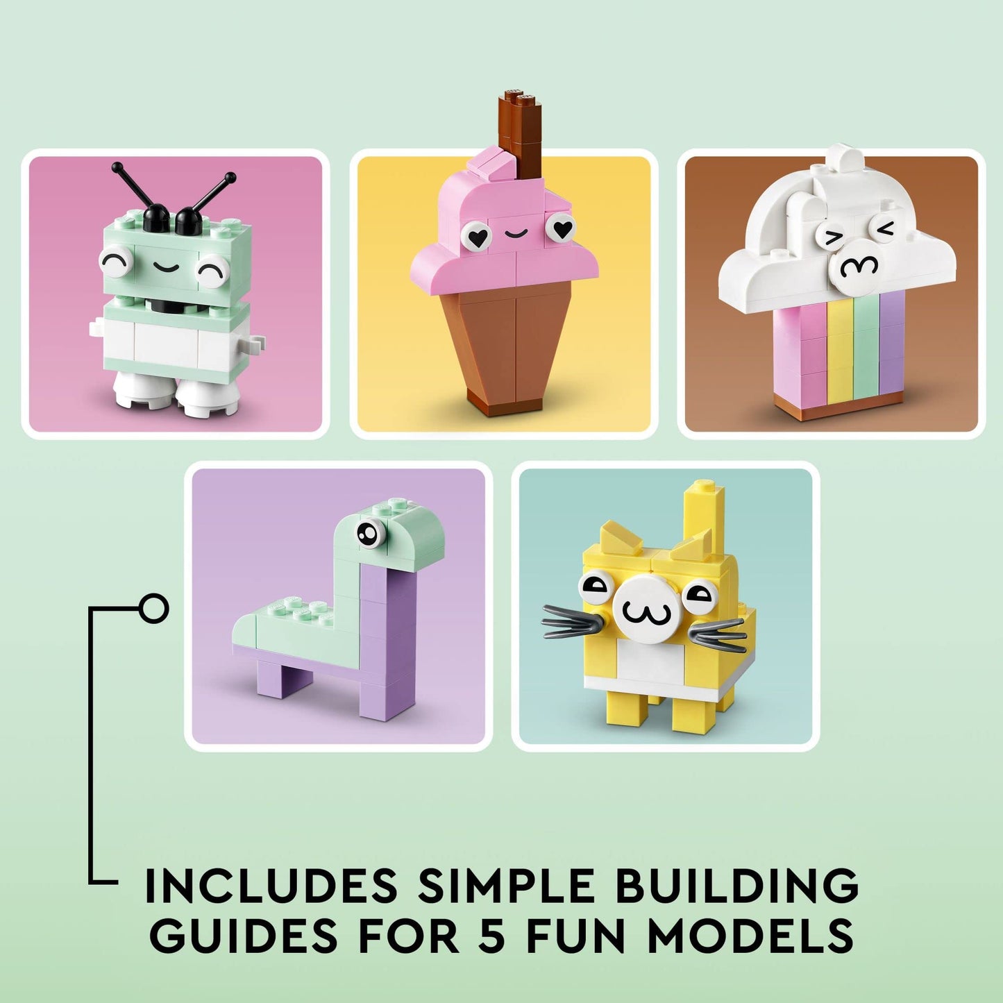 LEGO Classic Creative Pastel Fun Bricks Box 11028, Building Toys for Kids, Girls, Boys Ages 5 Plus with Models; Ice Cream, Dinosaur, Cat & More,