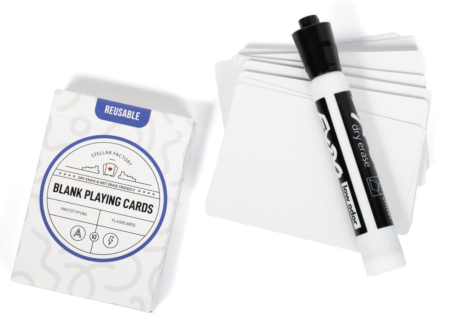 Stellar Factory Blank Playing Cards 52-Count | Dry Erase & Wet Erase | Reusable | Game Design, Prototyping, Flashcards | 2.5" x 3.5" Poker Size