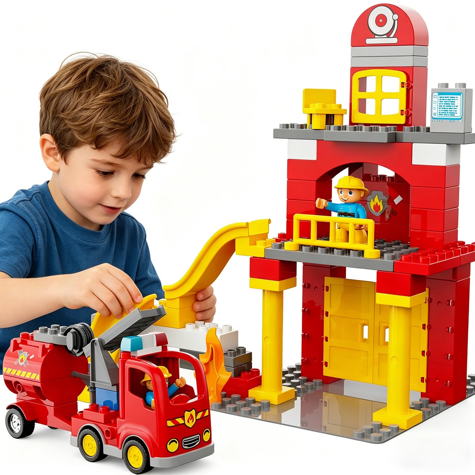XENQITOYS Fire Station Playset, Fire Trucks for Toddlers 3-5, Firefighter Gifts, Classic Big Building Blocks Compatible with All Major Brand