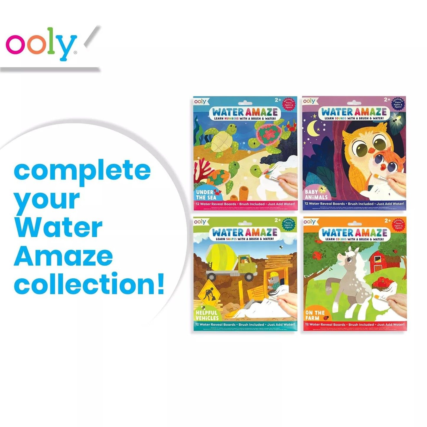 Ooly Water Amaze Mess-Free Travel Activity for Kids - 12 Reusable Reveal Boards & Brush, Paint with Water, Toddler Car & Airplane Craft - On The Farm