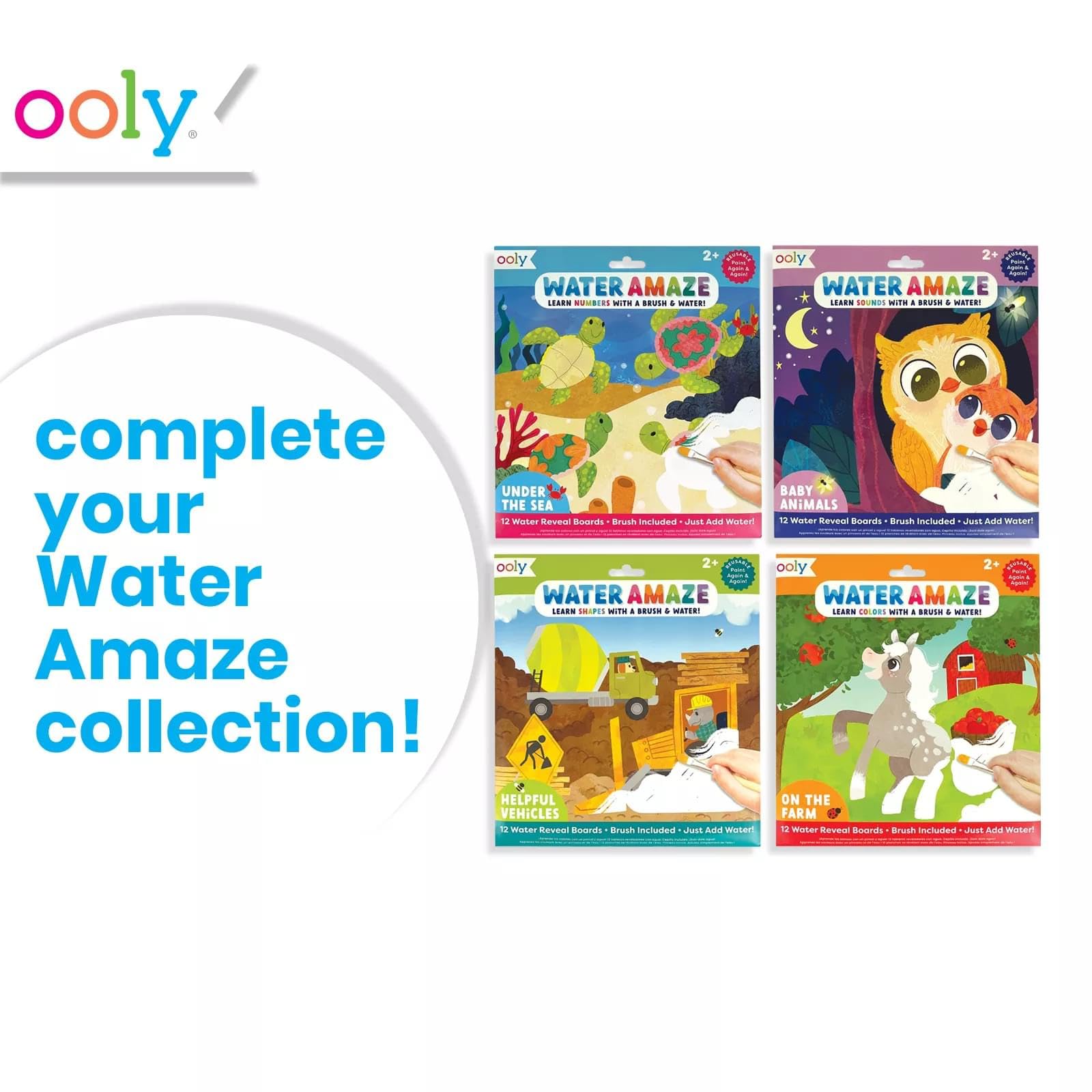 Ooly Water Amaze Mess-Free Travel Activity for Kids - 12 Reusable Reveal Boards & Brush, Paint with Water, Toddler Car & Airplane Craft - On The Farm