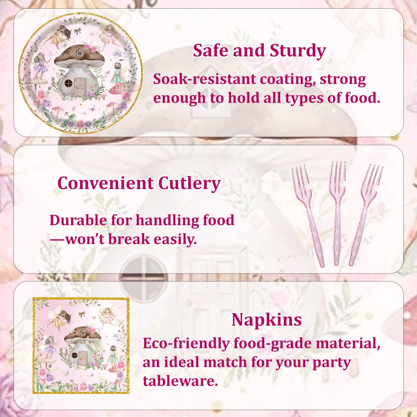 192 Pcs Fairy Party Tableware Set (Serves 48 Guests), Plates, Napkins, Forks, Enchanted Garden Theme for 1st Birthday, Baby Shower, Girls Fairy Party