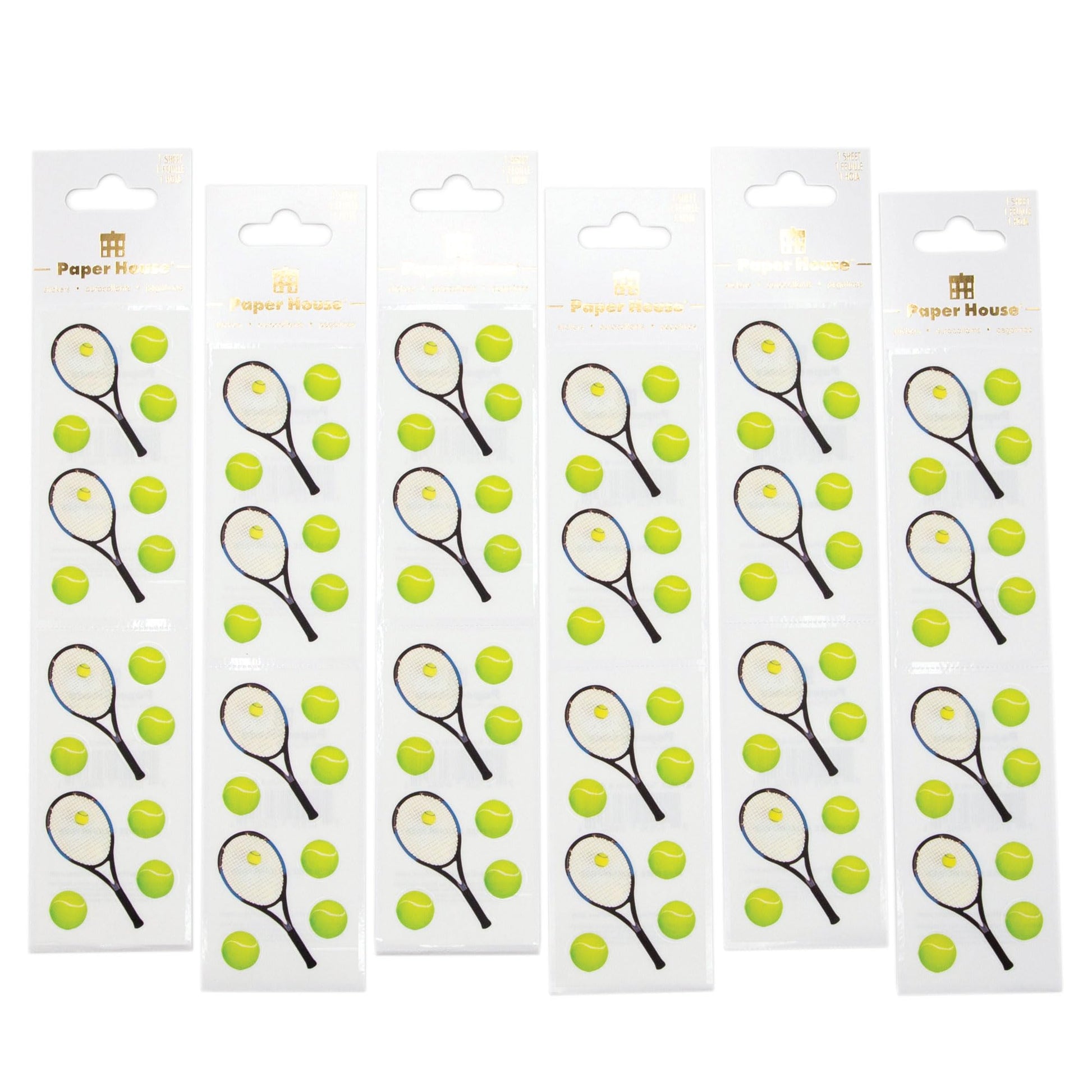 Paper House Productions Pack of 3 2" x 4" Sticker Sheets for Crafts, Scrapbooking & Collecting - Tennis Balls & Raquets 6 Pack
