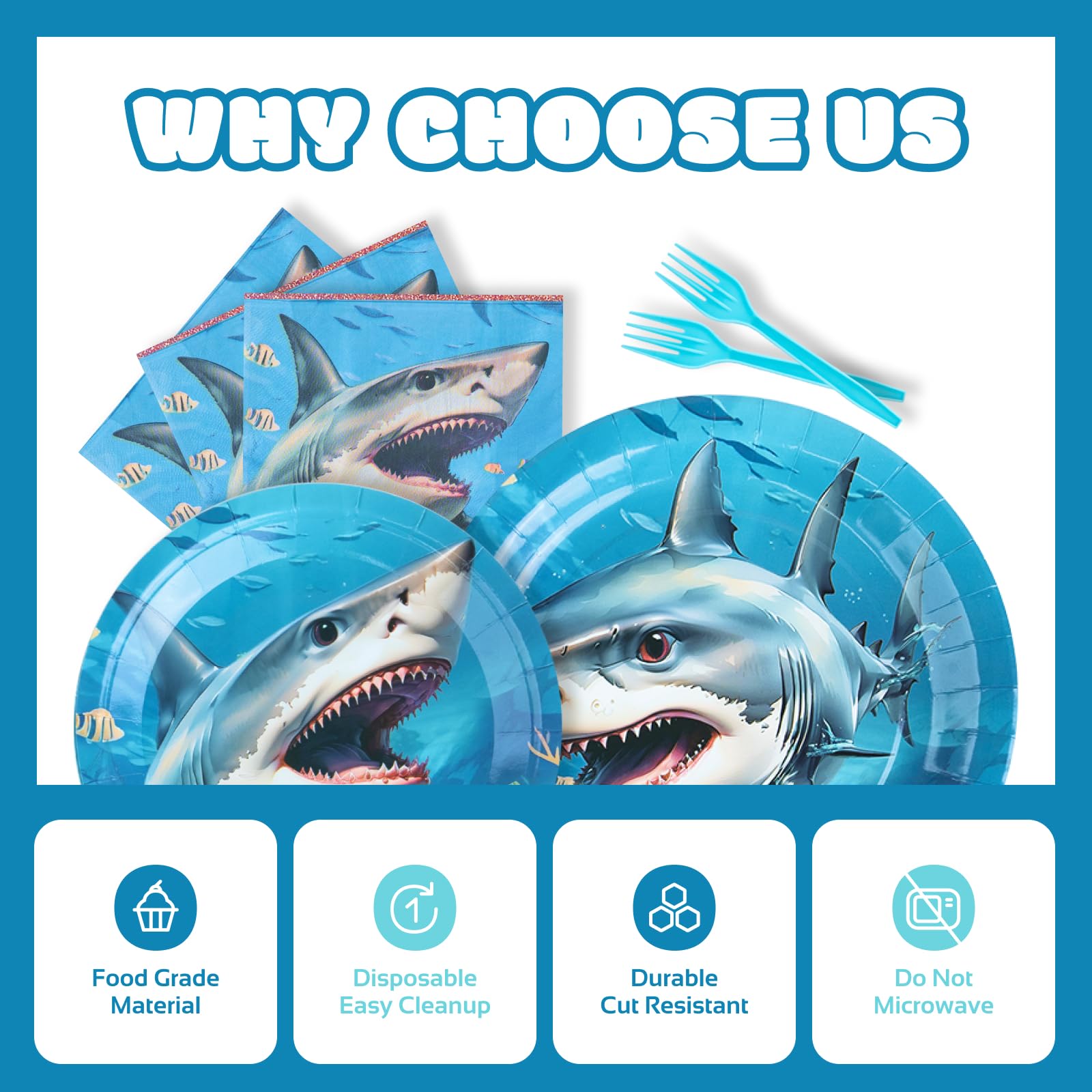 Shark Birthday Party Decorations - Shark Tableware Set, Paper Plate, Fork, Napkin, Ocean Under The Sea Theme Party Supplies for Baby Shower Boys