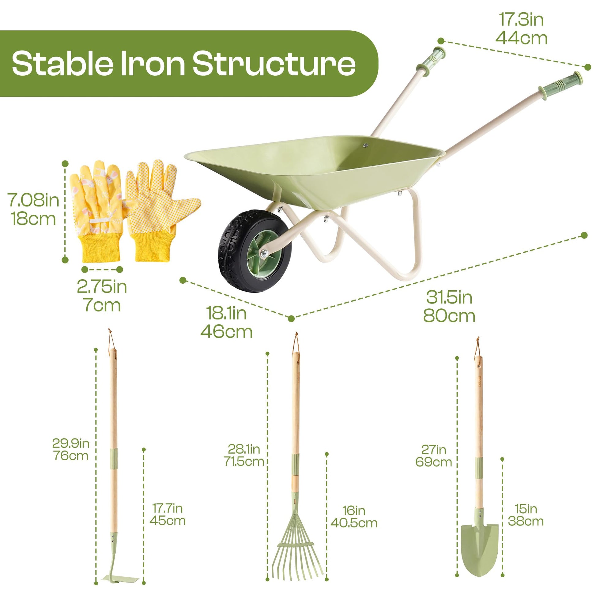 ROBOTIME Kids Wheelbarrow Set, 5PCS Kids Gardening Tool Set with Metal Toy Wheelbarrow, Shovel, Hoe, Broom & Gloves, Outdoor Yard Play for Planting