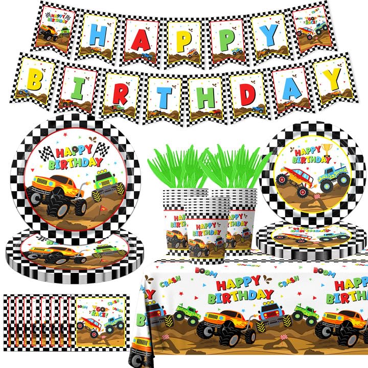 Dydamud Monster Truck Party Supplies,Monster Machine Happy Birthday Checkered Tableware Sets Include Monster Trucks Theme Party Paper Plate Napkins