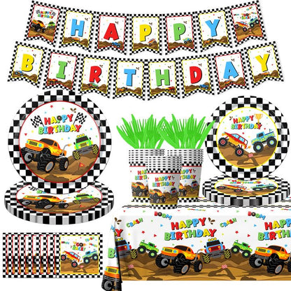 Dydamud Monster Truck Party Supplies,Monster Machine Happy Birthday Checkered Tableware Sets Include Monster Trucks Theme Party Paper Plate Napkins