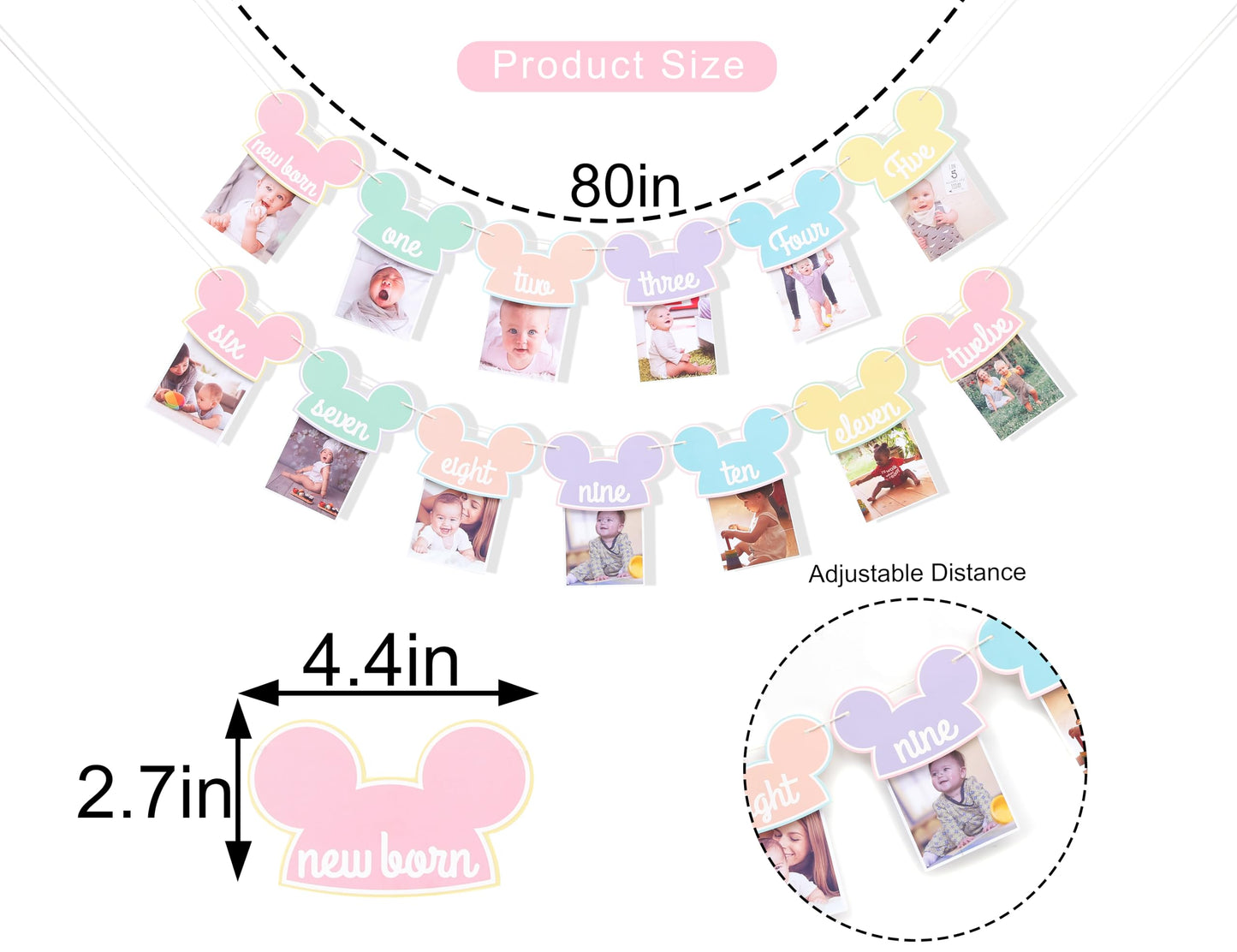 Mouse 12 Months Photo Banner - Pastel Rainbow First Birthday Photo Garland, Happiest Birthday on Earth Banner, Mouse Party Decor, Mouse Monthly