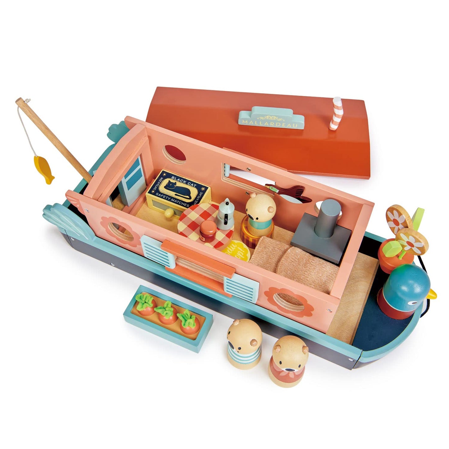 Tender Leaf Toys - Little Otter Canal Boat - 23 Pcs Furnished Wooden Boat Toy with Removeable Roof and Animal Figures - Gender-Neutral Open-Ended Play