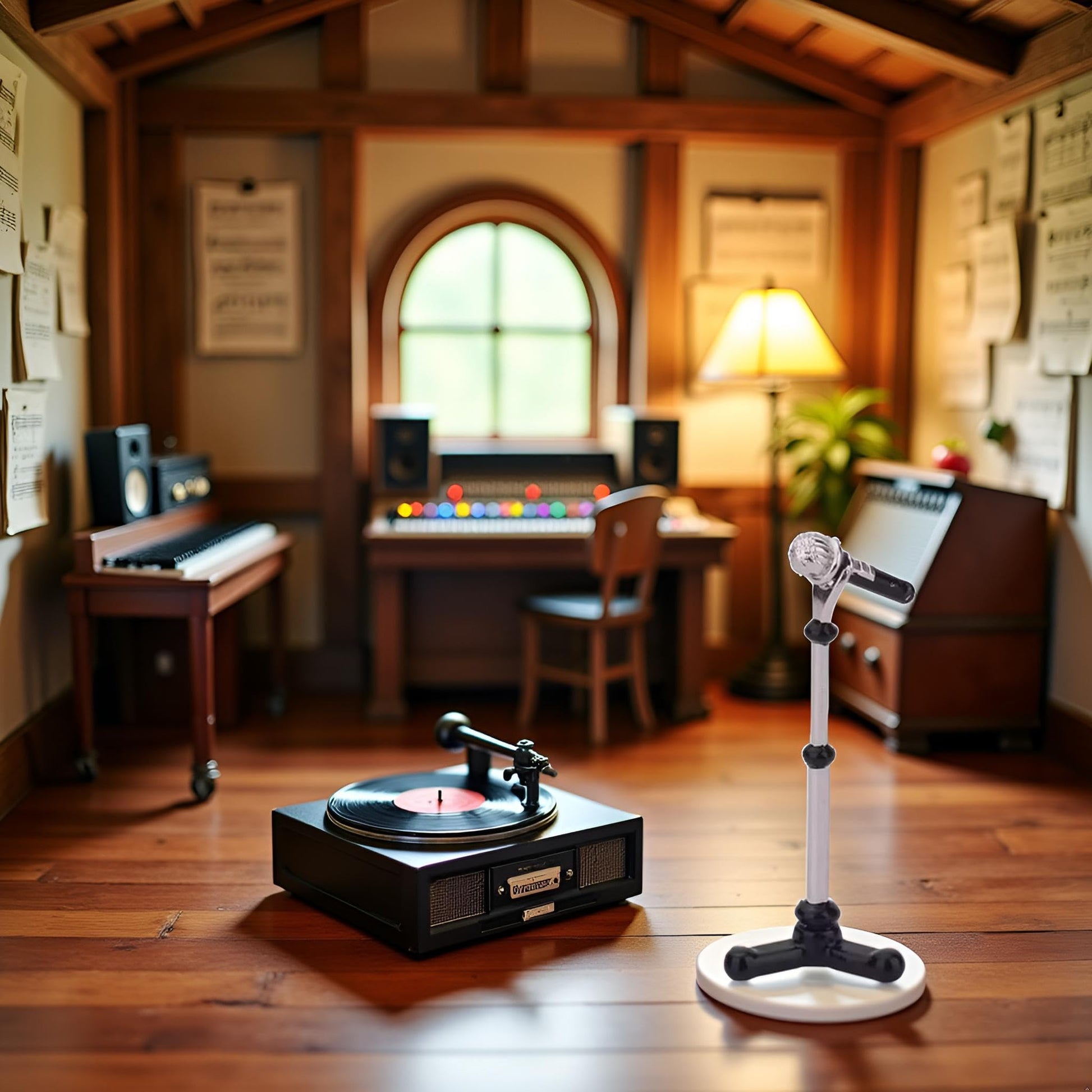 1Pcs Black 1/12 Dollhouse Miniature Accessories,Metal Microphone with Stand, Dollhouse Microphone Music Room Recording Room Studio Decoration Present