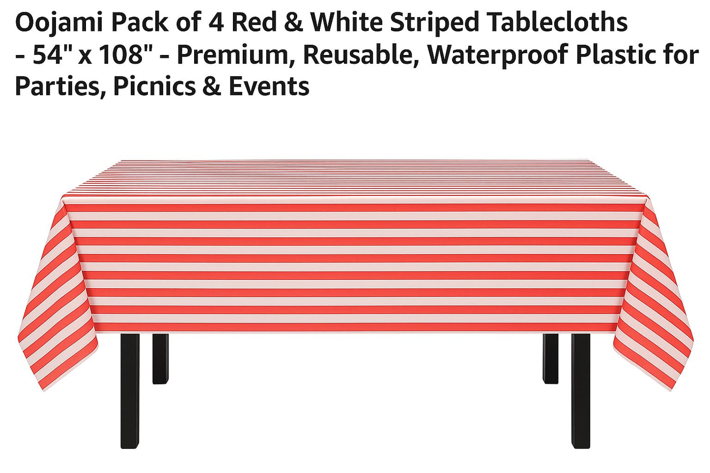 Oojami Pack of 4 Red & White Striped Tablecloths - 54" x 108" - Premium, Reusable, Waterproof Plastic for Parties, Picnics & Events