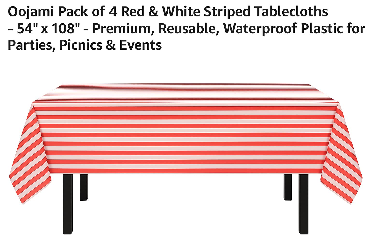 Oojami Pack of 4 Red & White Striped Tablecloths - 54" x 108" - Premium, Reusable, Waterproof Plastic for Parties, Picnics & Events