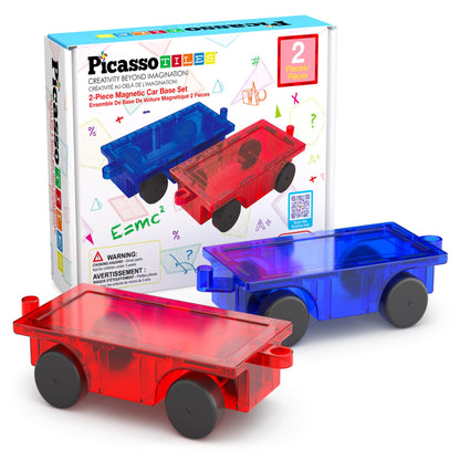 PicassoTiles 2 Piece Car Truck Construction Kit Toy Set Vehicle for Magnetic Blocks Building Tile Sensory Magnet Toys with Re-Enforced Hitch & Long