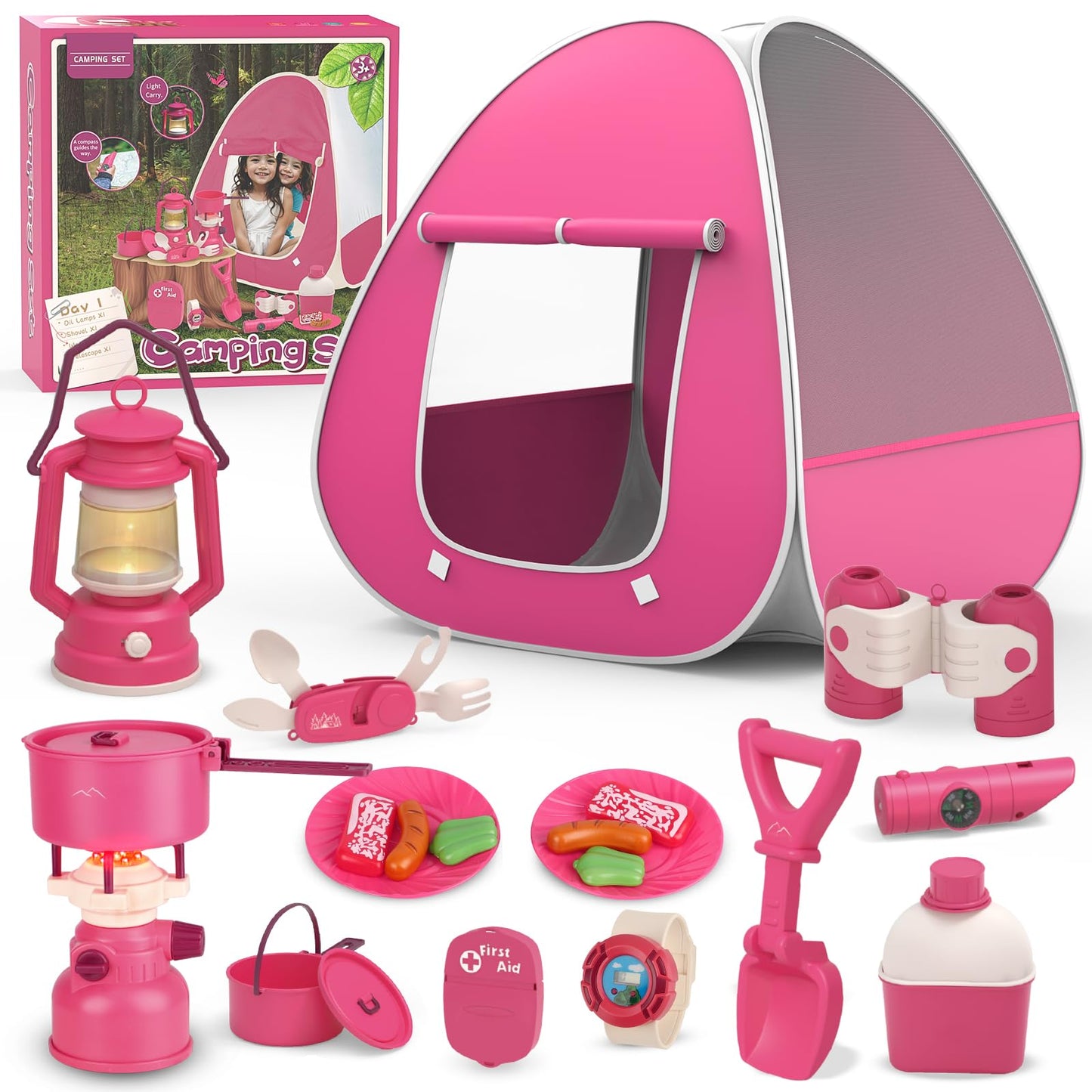 Camping Set Toys with Pop up Play Tent for Girls Ages 3-6 Indoor Outdoor