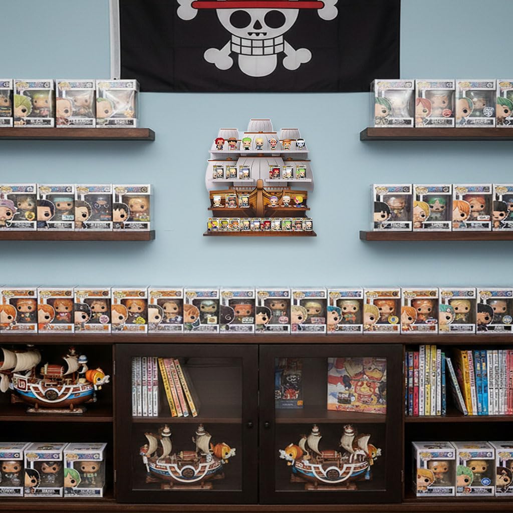 AUFGELD Pirate Ship Display Shelf for Funko Bitty Pop One Piece Series - Wall-Mountable Bitty Pop Organizer, Pirate Ship Shelf Displays 29 Bitty Pops
